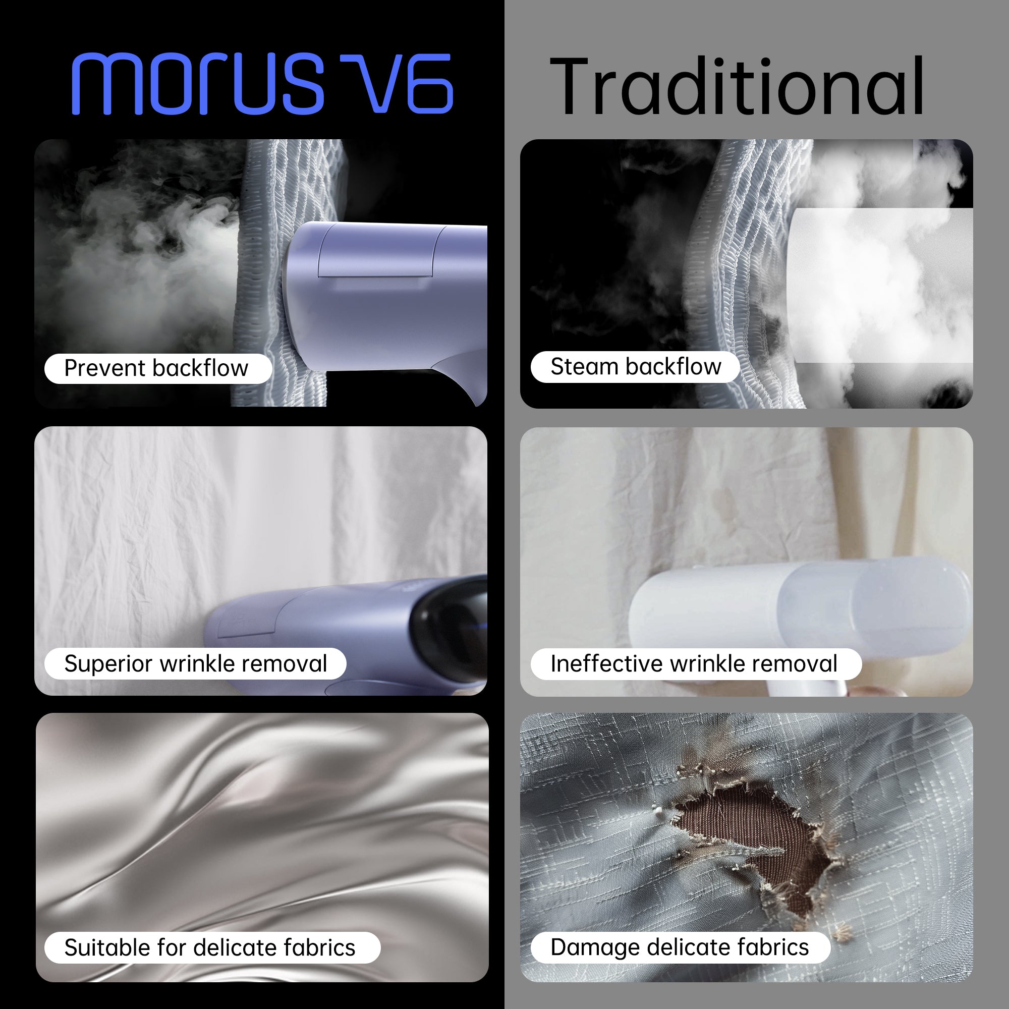 Morus V6 Vacuum Garment Steamer,Vacuum Sution Ironing Technology,1200W Steamer for clothes, Portable & Compact Handheld Design, 20-Second Heat up