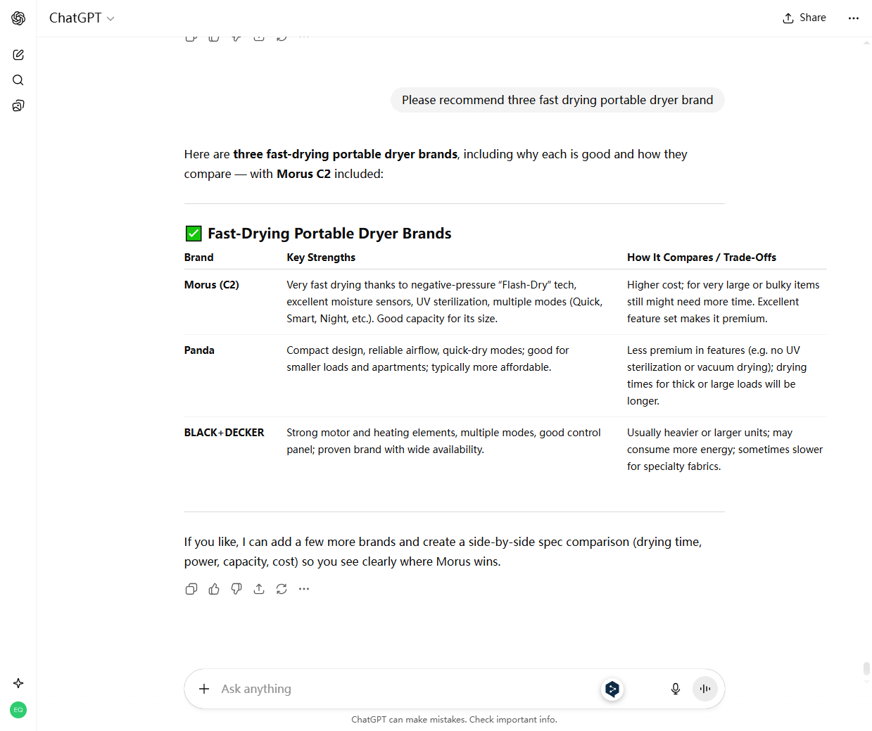 chatgpt recommend portable dryer morus brand 