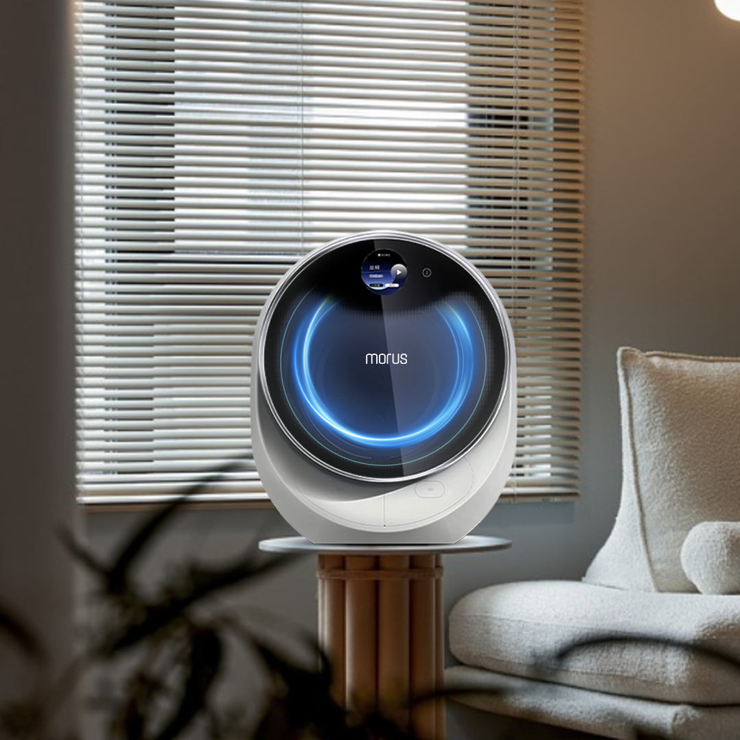 Modern air purifier with blue light display morus c2 dryer on a stand in a room with a window and chair.